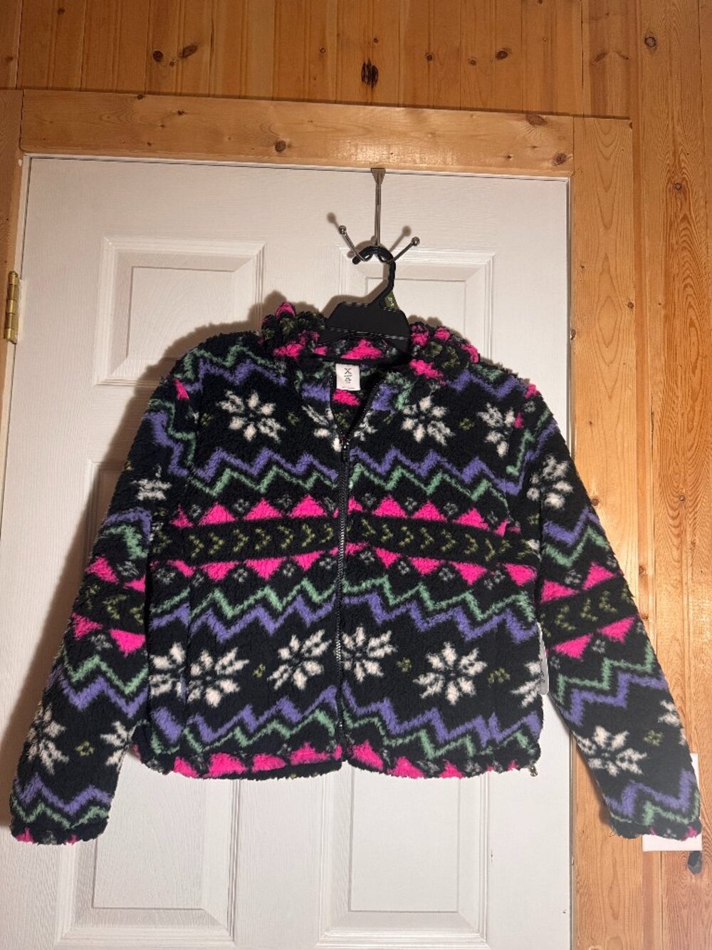Xersion Black Fairisle Hooded Sherpa Fleece Jacket Fits Women's Large / XL